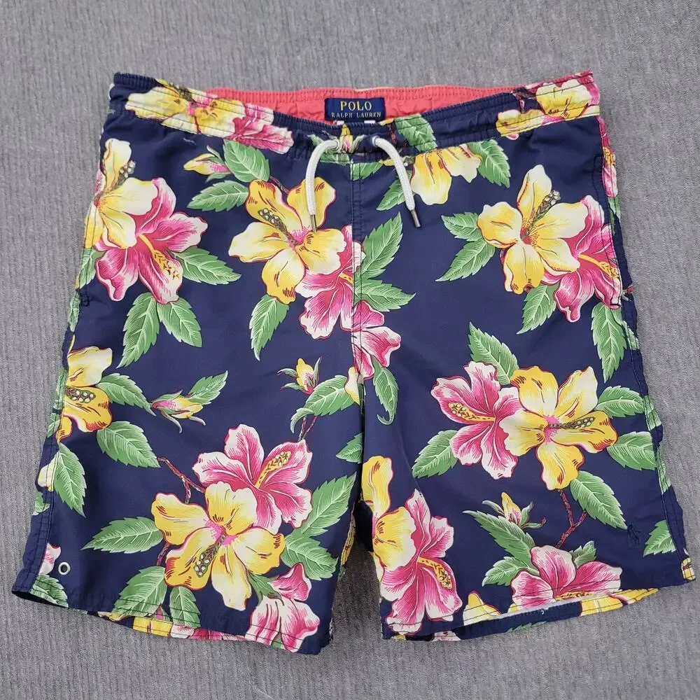 Vintage 90s Polo Ralph Lauren Youth Hibiscus Board Swim Trunks Shorts Size 14-16